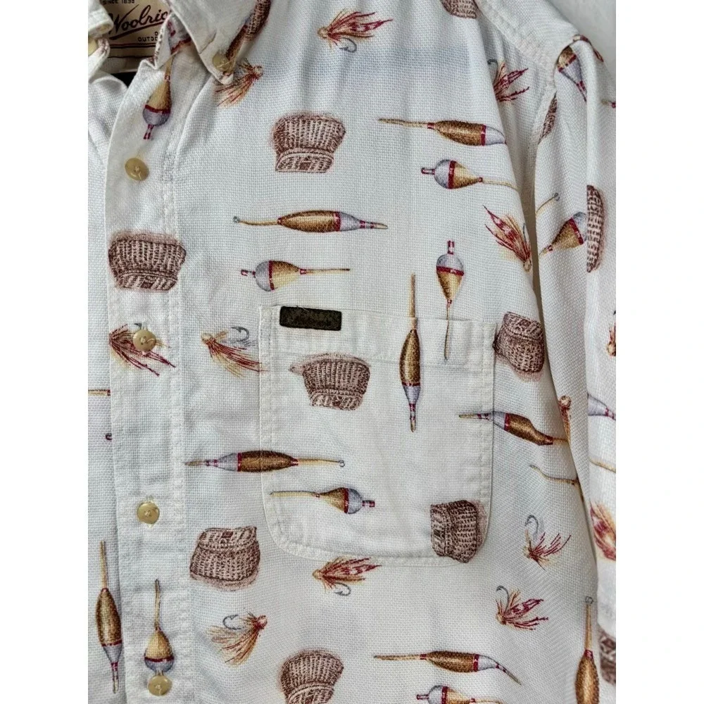 Woolrich Fishing Print Shirt Mens L‎ Cream Short Sleeve Cotton Fathers Day Dad